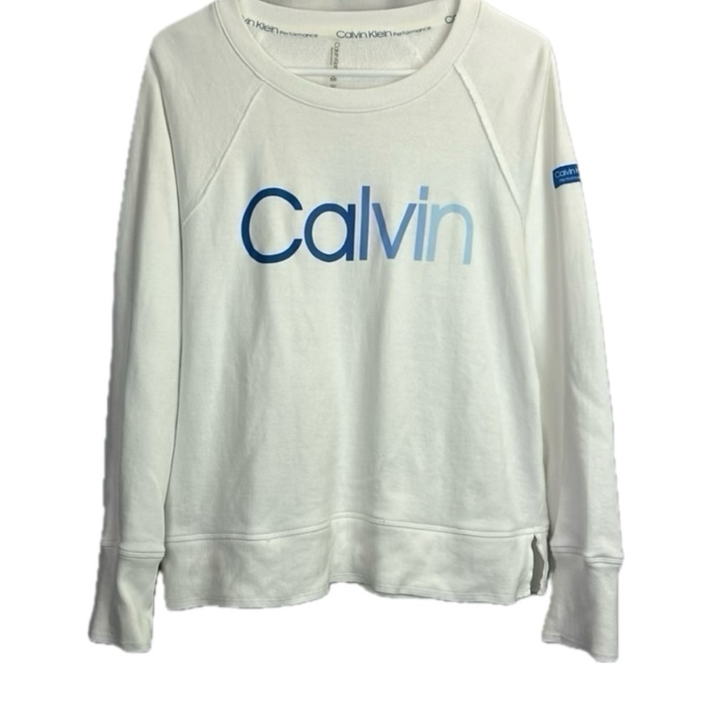 Calvin Klein Women’s Performance Logo Long Sleeve White Crewneck Sweatshirt